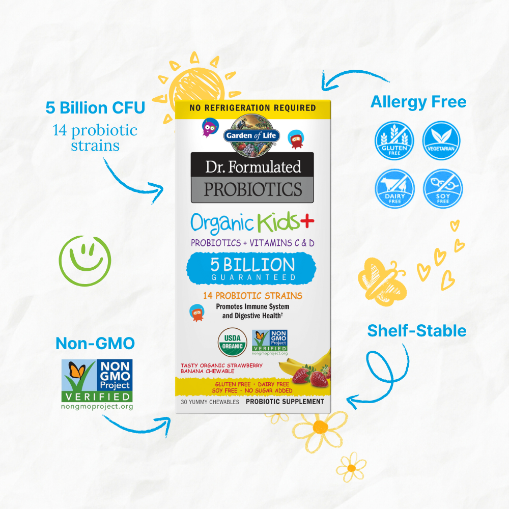 Dr. Formulated Probiotics Organic Kids+ Chew 5Billion Shelf Stable, Strawberry Banana 30 Chewable Tablet