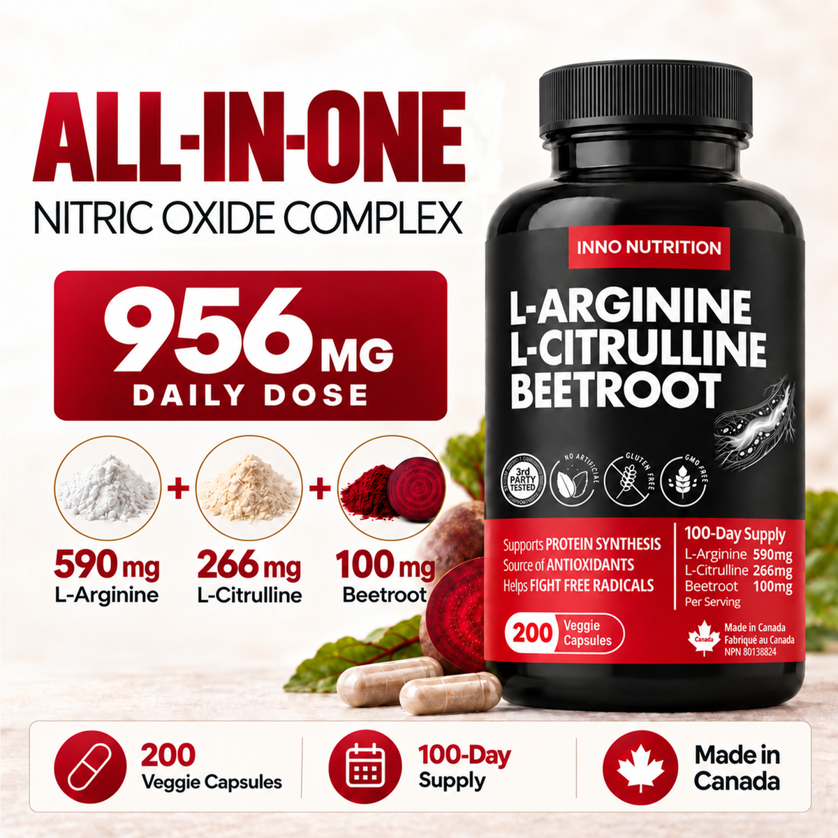L-Arginine, L-Citrulline, Beetroot 200 Caps